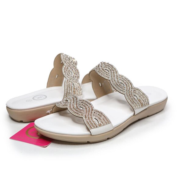 AE Rhinestone Glitter Slide Sandals Duo Band White Gold Silver Bling Festival - Picture 2 of 9